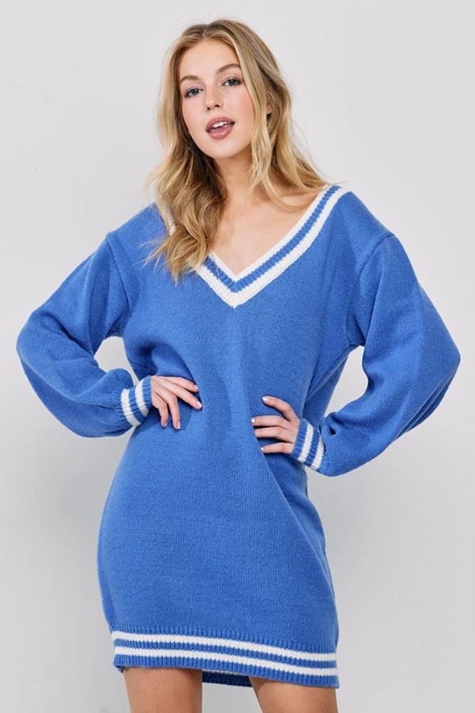 blue oversized varsity striped v-neck sweater dress