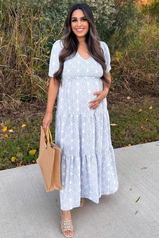 blue paisley print smocked tiered maternity maxi dress