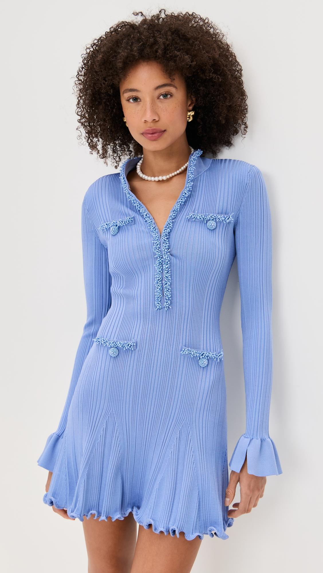 blue pearl trim knit mini dress