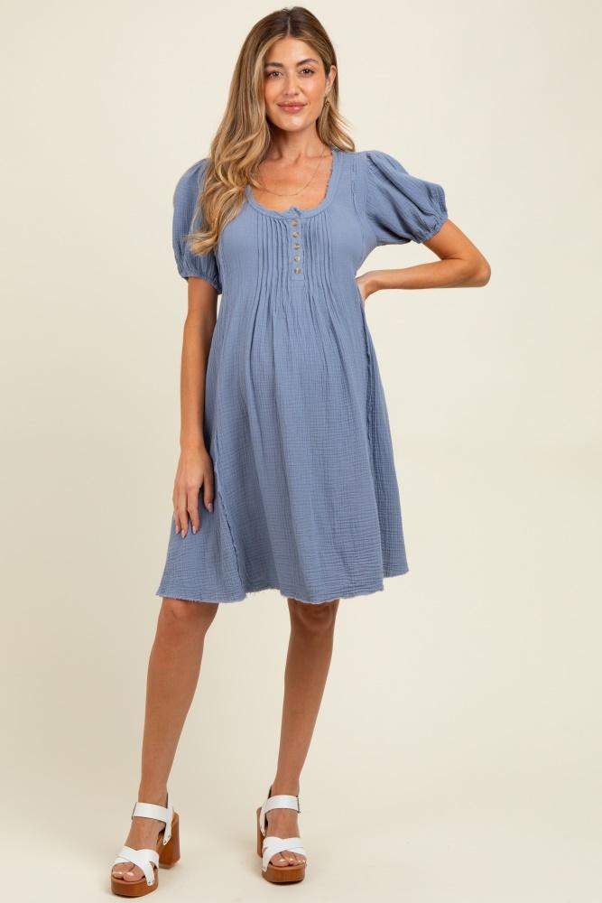 blue pintuck detailed cotton double gauze maternity mini dress