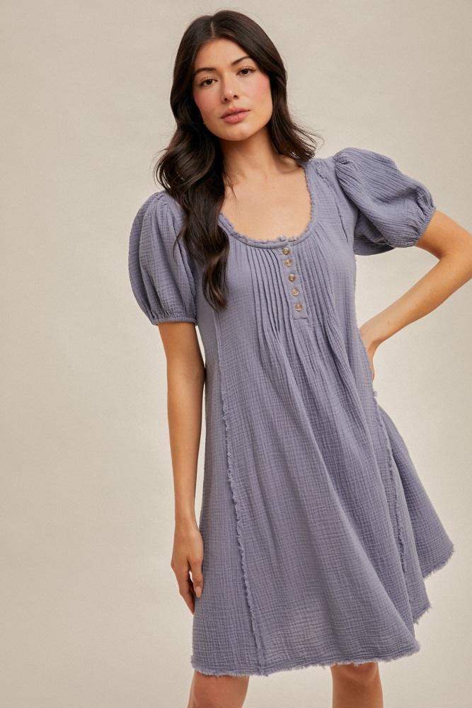 blue pintuck detailed cotton double gauze mini dress