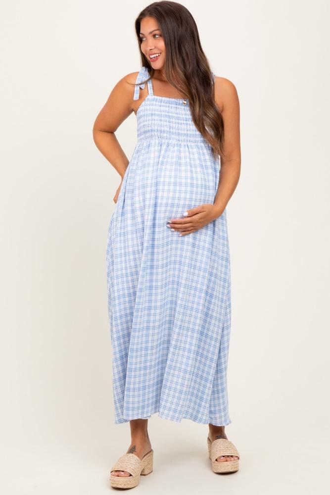 blue plaid smocked shoulder tie maternity maxi dress