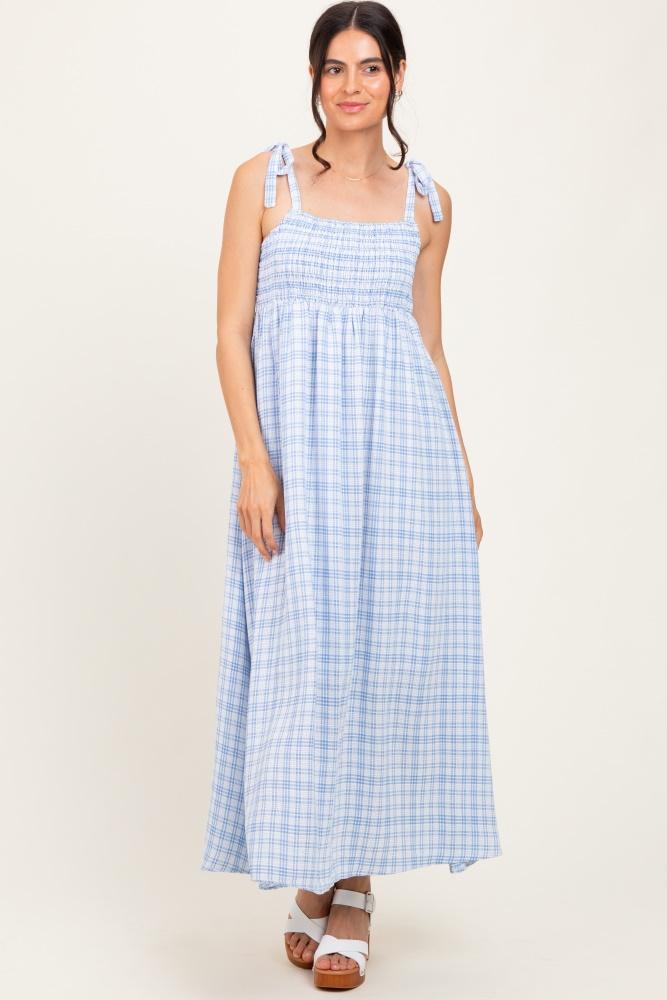 blue plaid smocked shoulder tie maxi dress