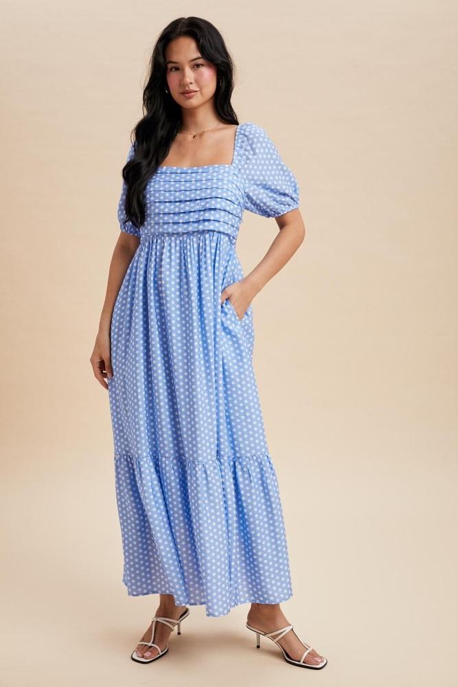 blue pleated polka dot maxi dress