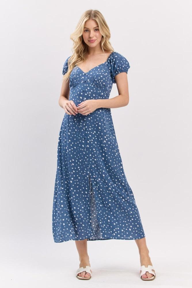 blue printed button accent puff sleeve maternity midi dress