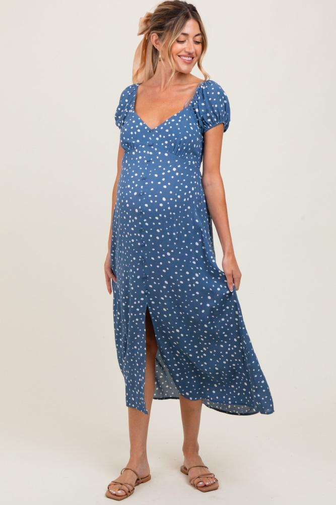 blue printed button accent puff sleeve maternity midi dress