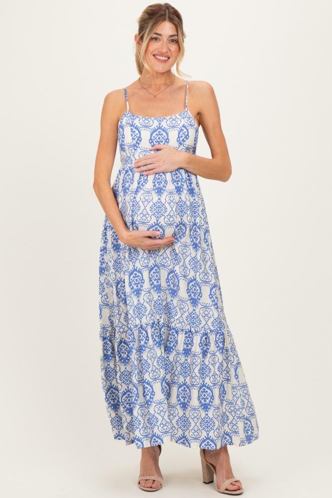 blue printed cutout tie back maternity maxi dress