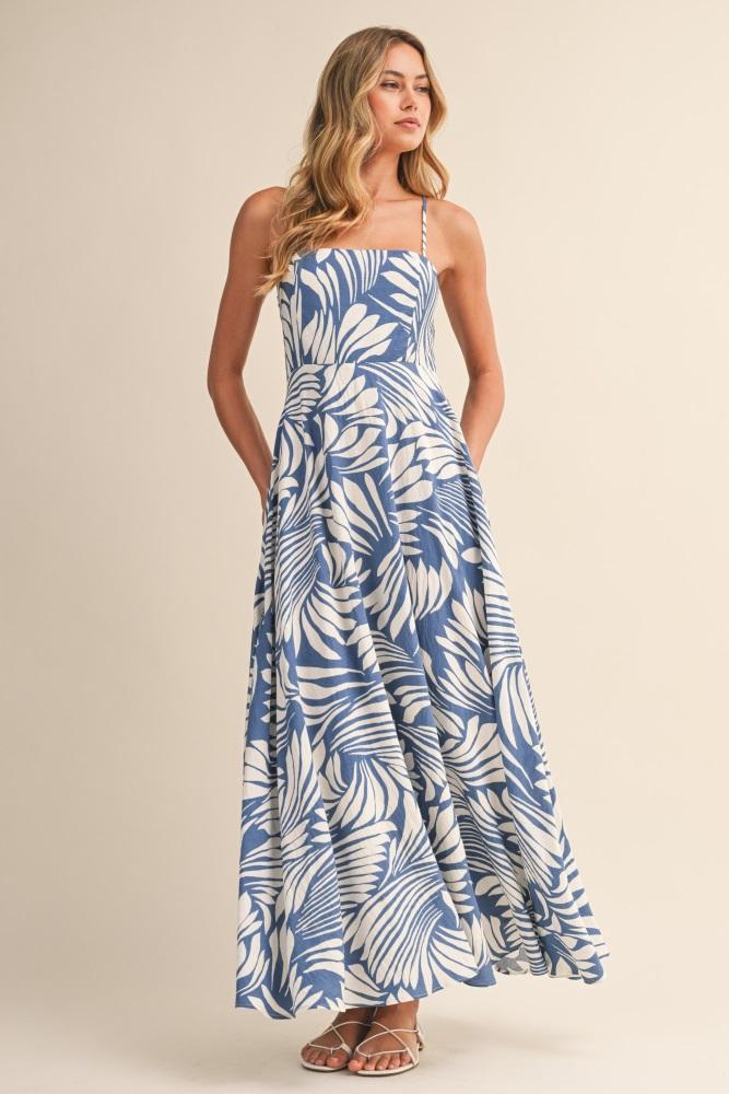 blue printed linen a-line midi dress