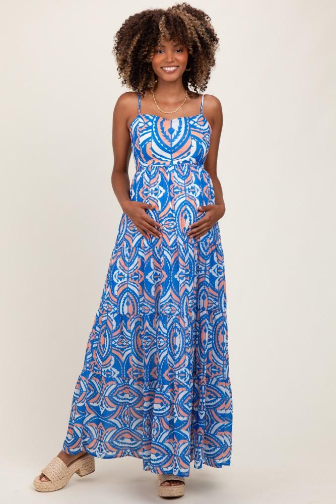 blue printed sleeveless maternity maxi dress