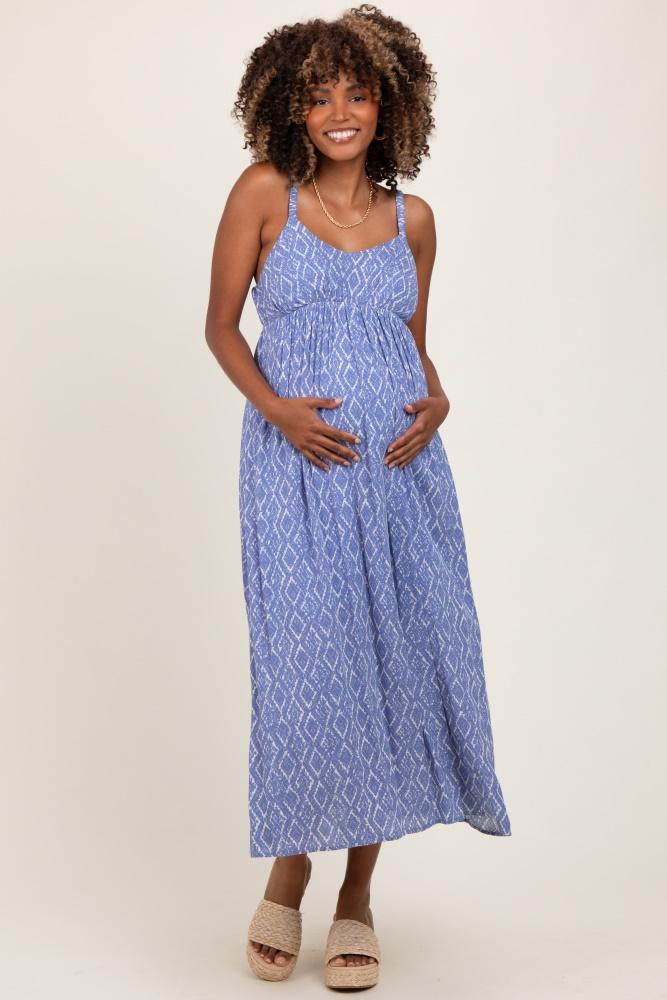 blue printed sleeveless maternity midi dress