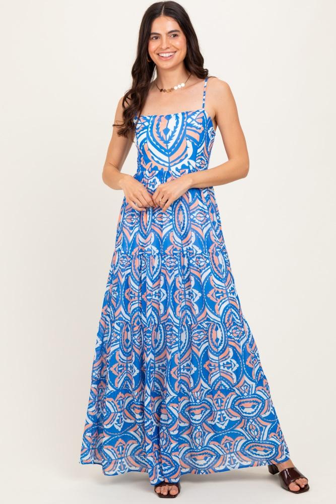 blue printed sleeveless maxi dress