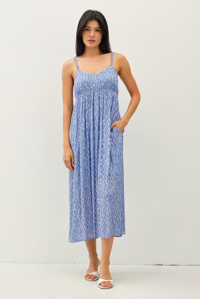 blue printed sleeveless midi dress