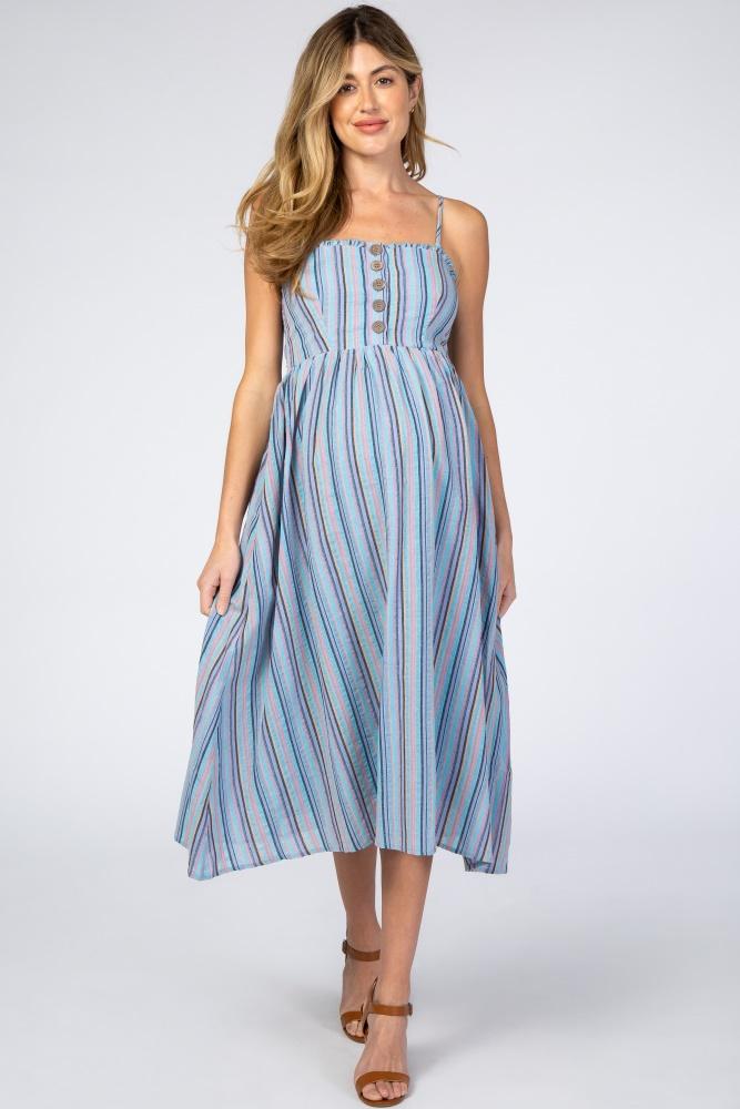 blue purple striped button front maternity midi dress
