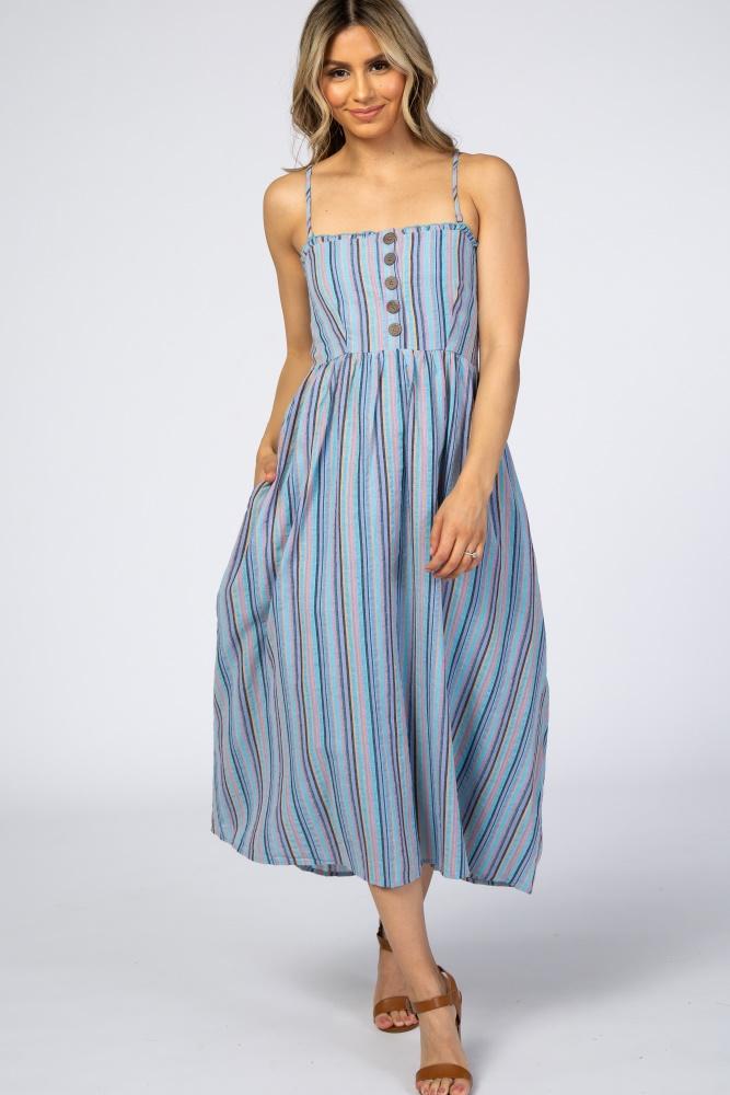 blue purple striped button front midi dress