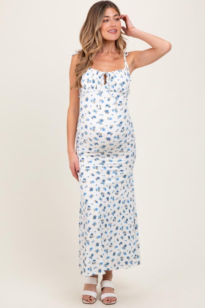 blue ribbed floral shoulder tie maternity maxi dress