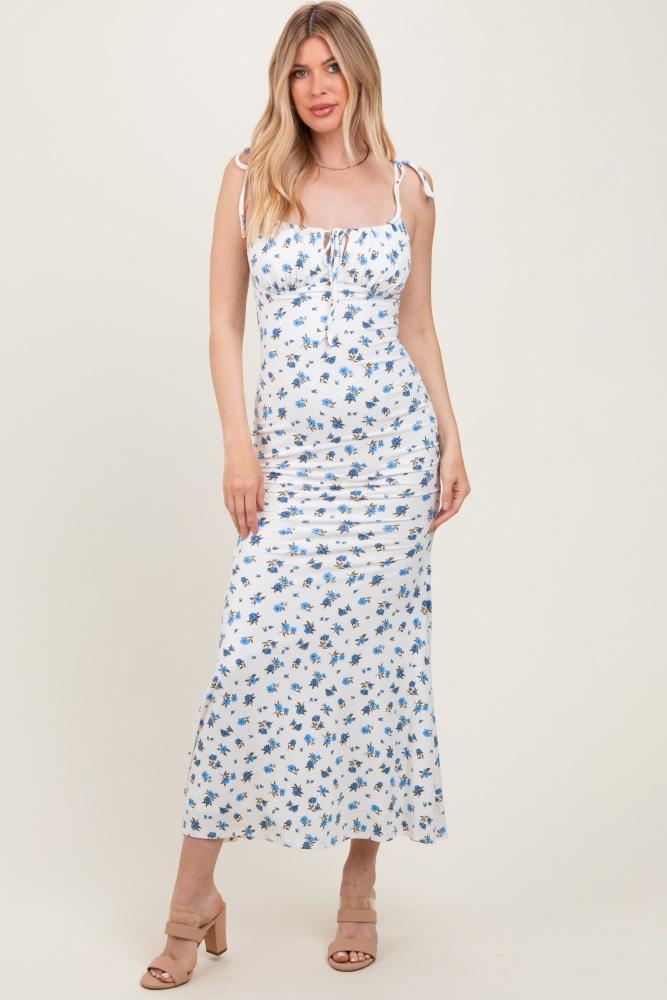 blue ribbed floral shoulder tie maxi dress