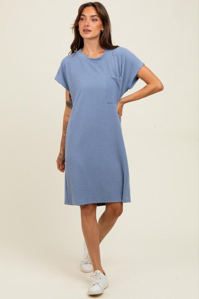 blue ribbed front pocket dolman short sleeve dress