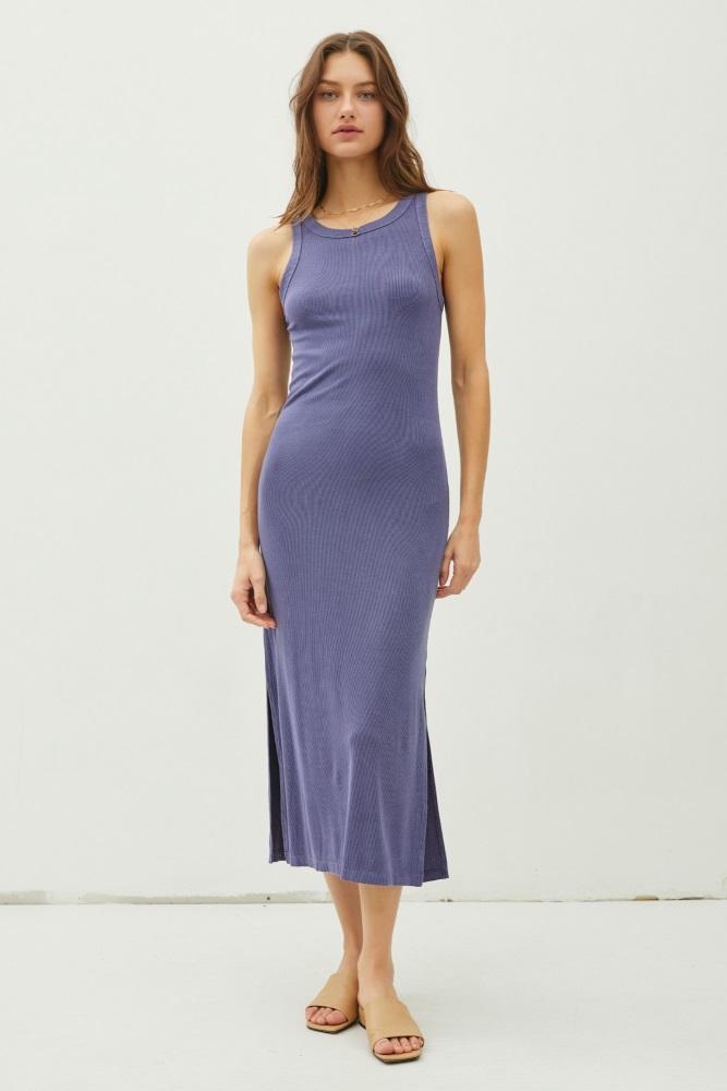 blue ribbed knit side slit sleeveless dress