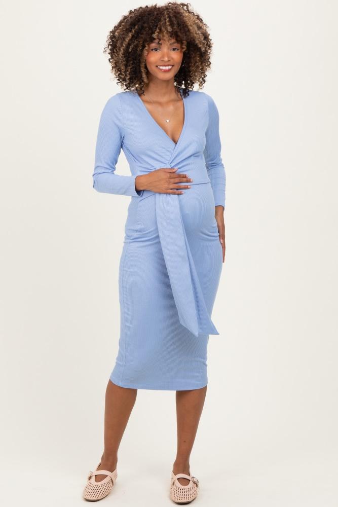 blue ribbed long sleeve maternity wrap dress