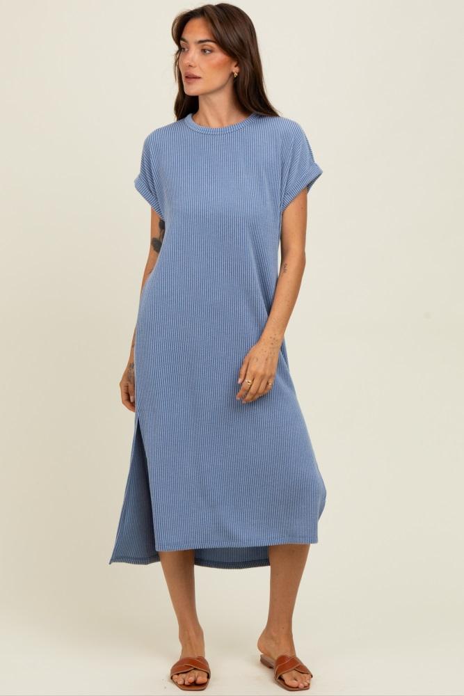 blue ribbed short sleeve midi dress