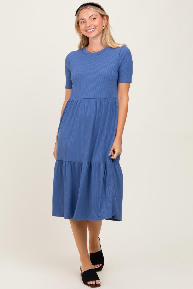 blue ribbed tiered midi dress