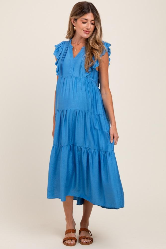 blue ruffle sleeve tiered maternity midi dress
