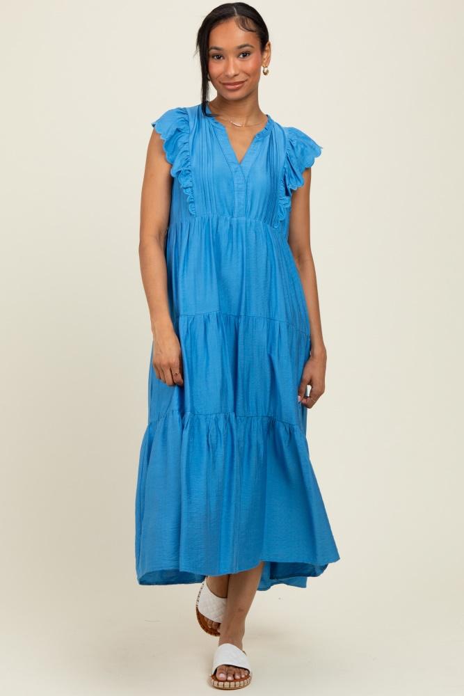 blue ruffle sleeve tiered midi dress