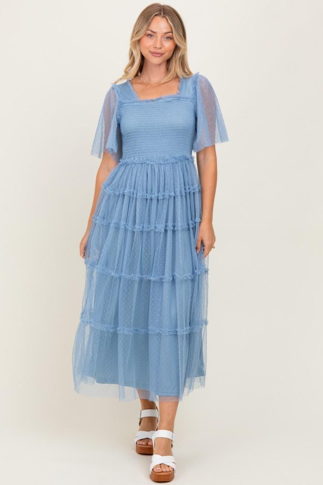 blue ruffled mesh maxi dress