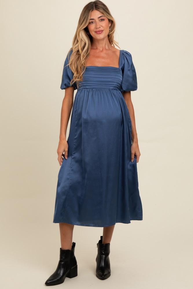 blue satin pleated bodice puff sleeve maternity midi dress