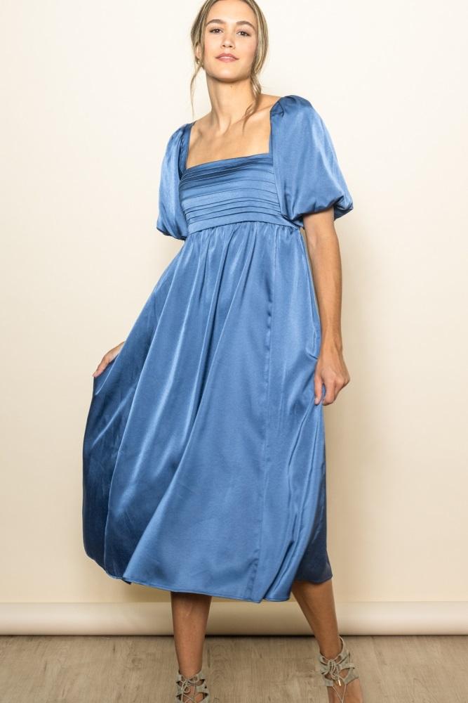 blue satin pleated bodice puff sleeve midi dress