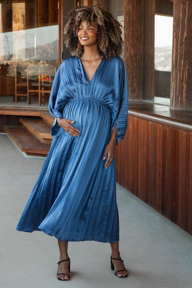 blue satin pleated v-neck maternity maxi dress
