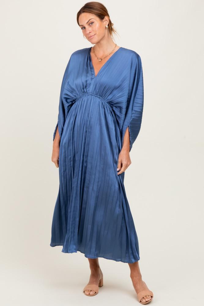 blue satin pleated v-neck maxi dress