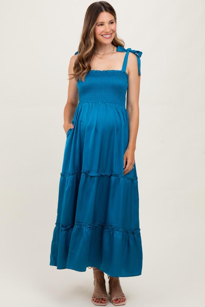 blue satin smocked maternity maxi dress