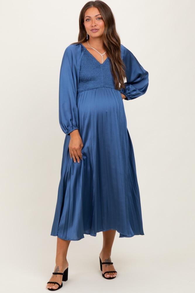 blue satin smocked pleated maternity midi dress