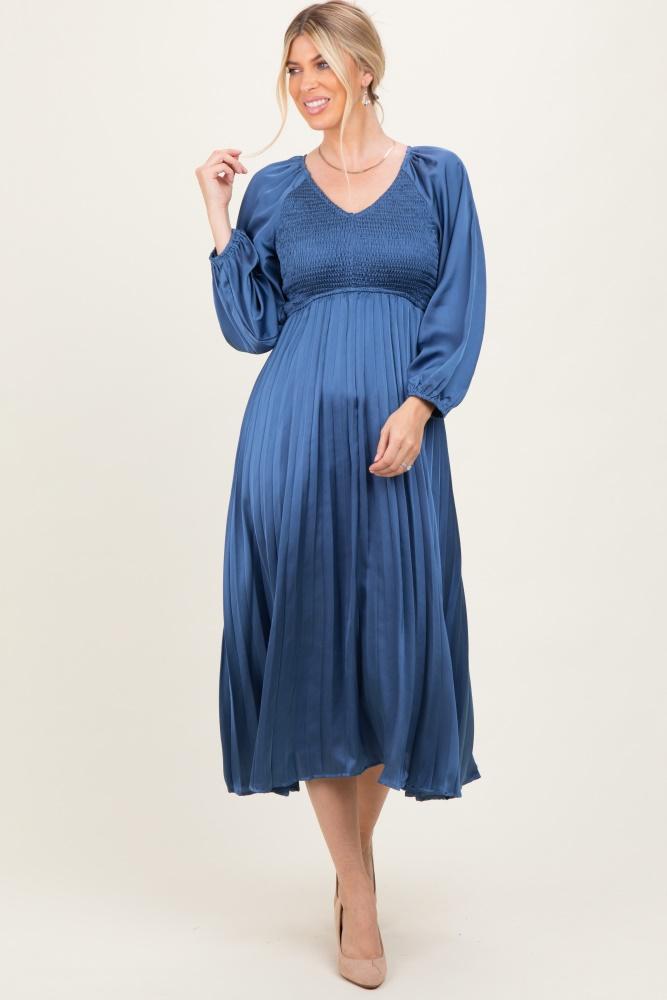 blue satin smocked pleated midi dress