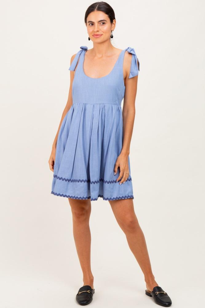 blue shoulder bow tie pleated mini dress