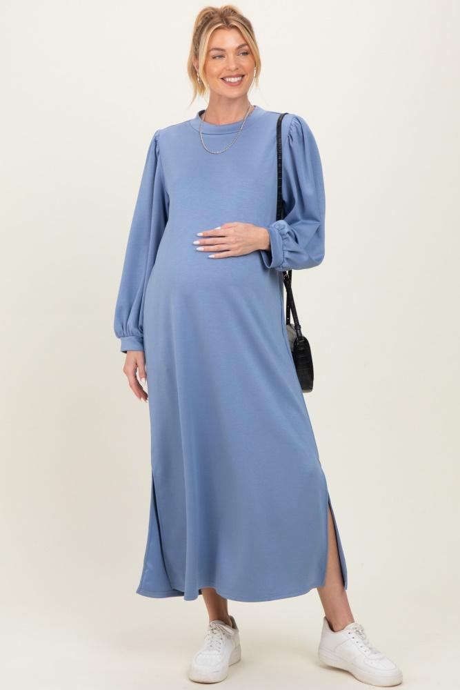 blue side slit detail solid maternity midi dress
