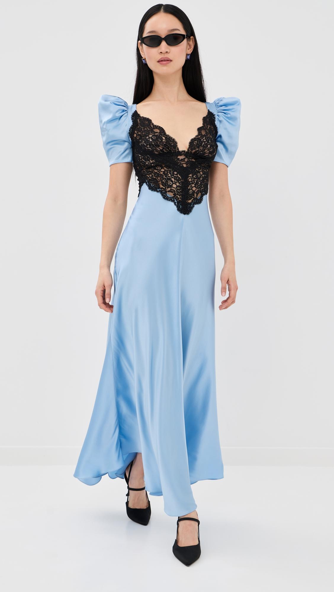 blue silk satin short sleeve dress