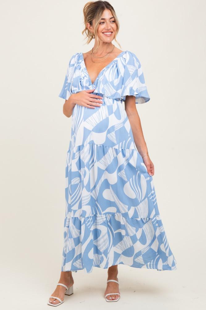 blue sleeveless smocked back printed maternity maxi dress
