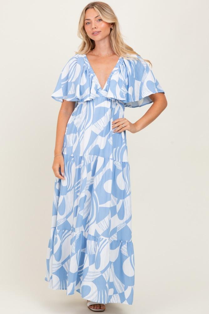 blue sleeveless smocked back printed maxi dress
