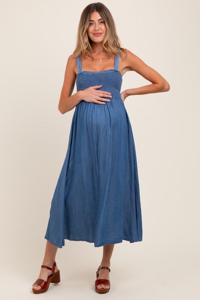 blue smocked chambray tie back cutout maternity midi dress
