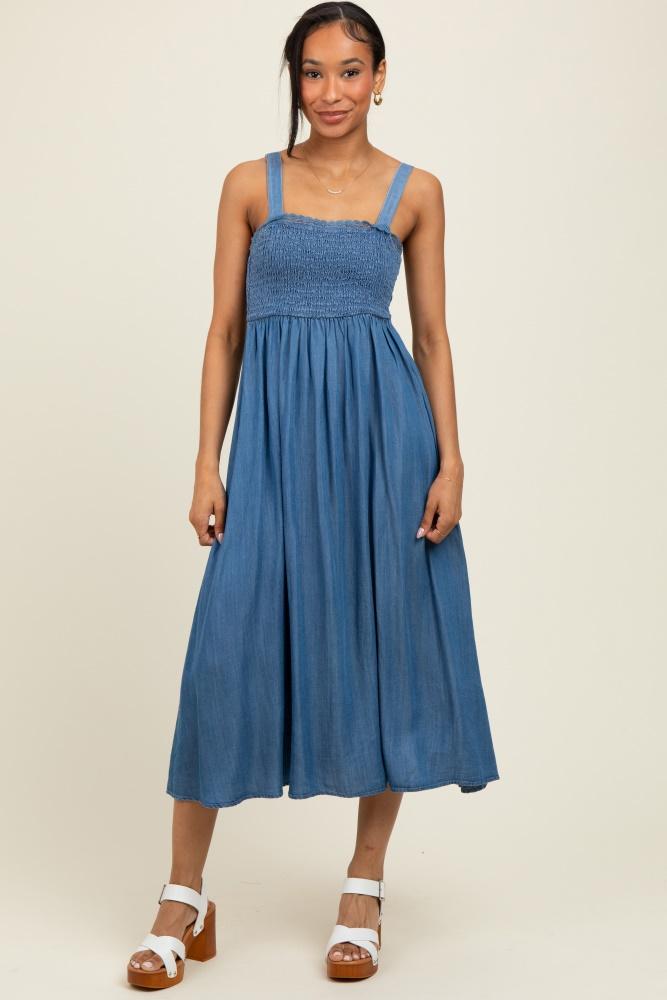blue smocked chambray tie back cutout midi dress