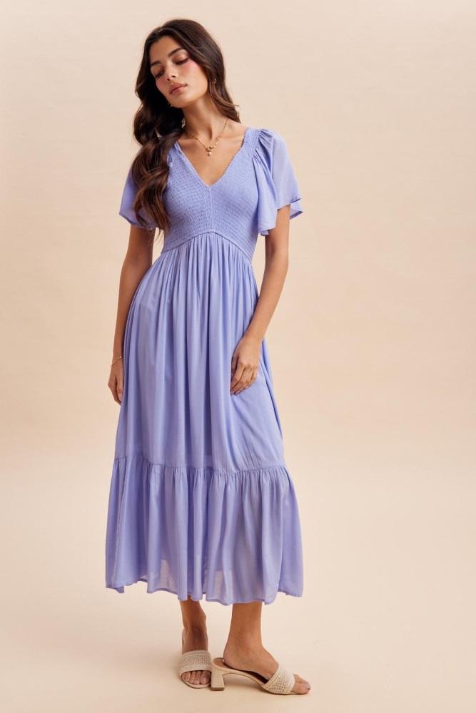 blue smocked midi dress