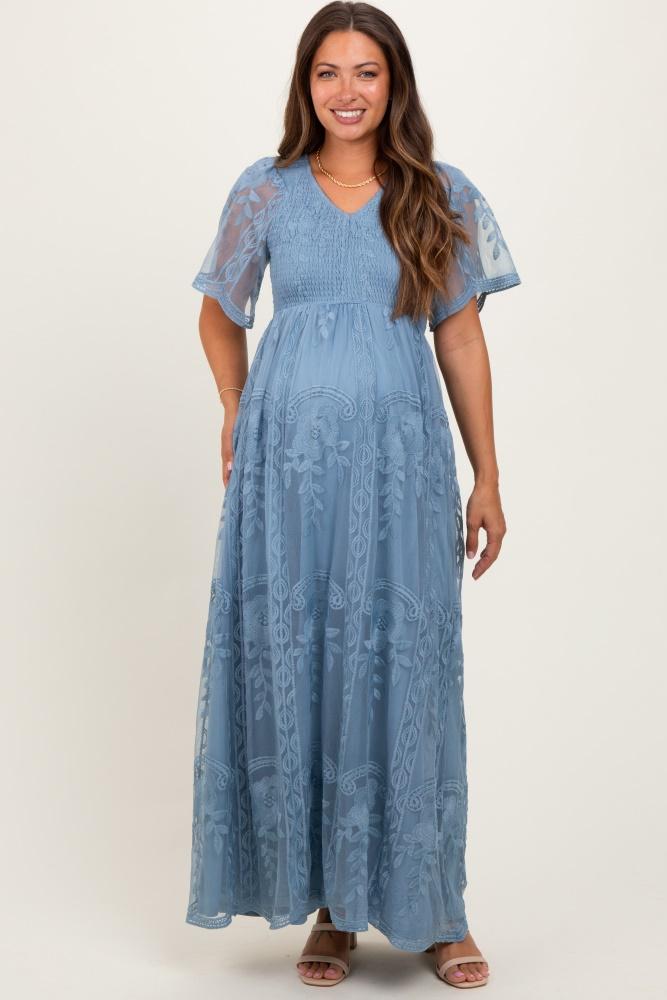 blue smocked top lace maternity maxi dress