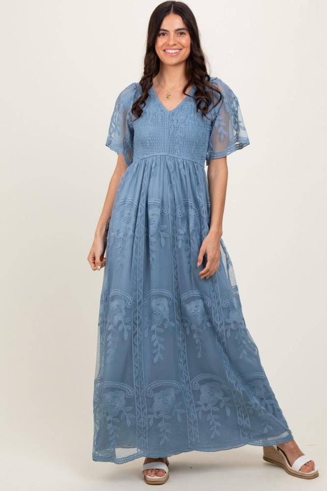 blue smocked top lace maxi dress