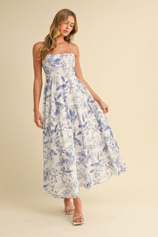 blue spaghetti strap printed a-line midi dress