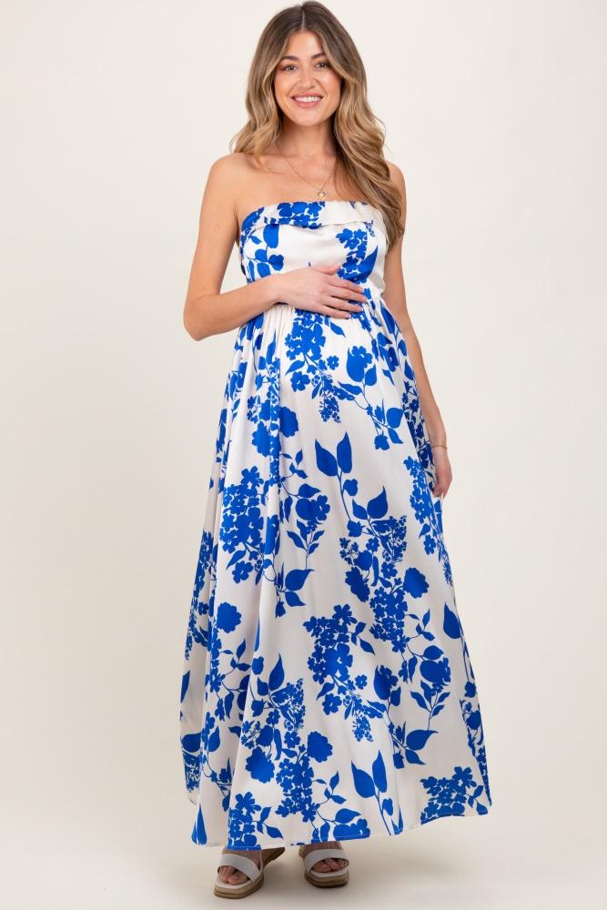 blue strapless back tie maternity maxi dress