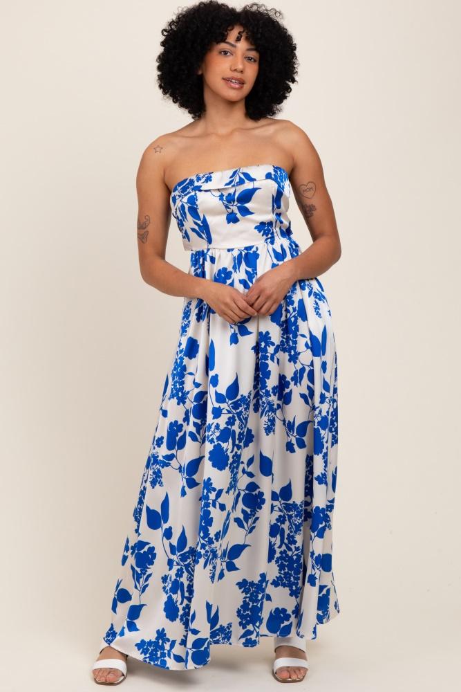 blue strapless back tie maxi dress