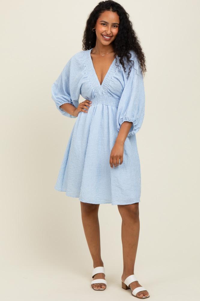 blue striped balloon sleeve v-neck dress
