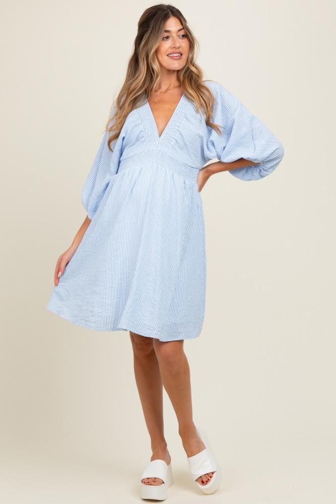 blue striped balloon sleeve v-neck maternity dress